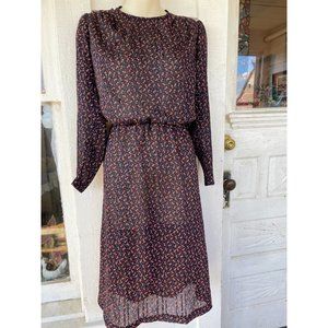 Vintage 1970s Small Navy Floral Print Sheer Dress Size 6